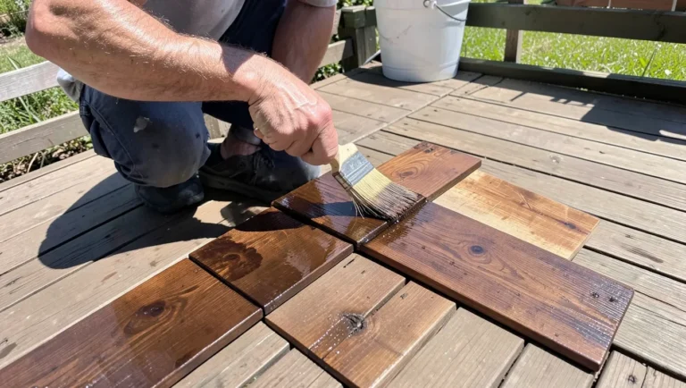 Man applying wood stain to an outdoor deck with a paintbrush