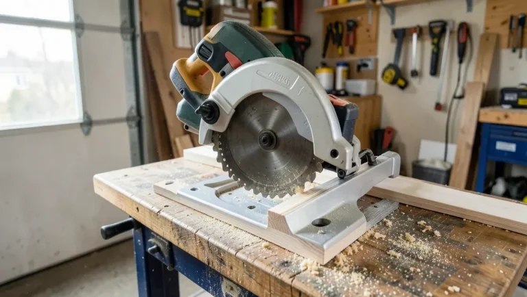 A stationary compound miter saw cutting wood trim