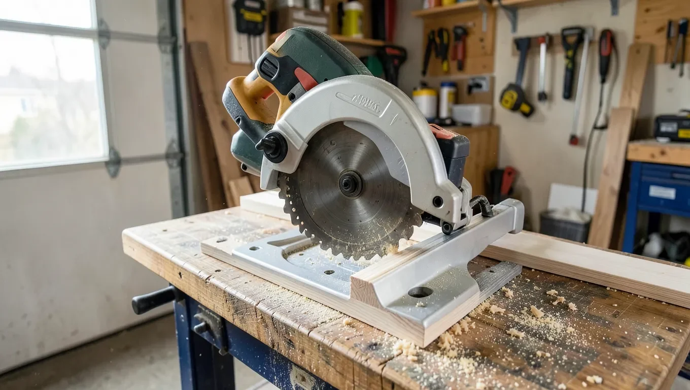 A stationary compound miter saw cutting wood trim
