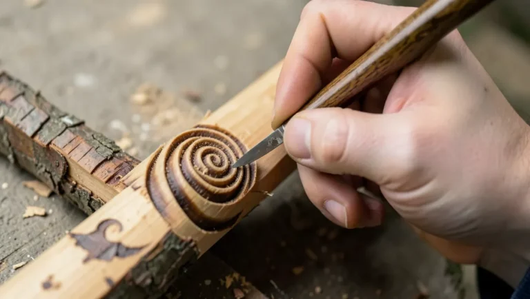 Carving a spiral bark-peel pattern into a walking stick