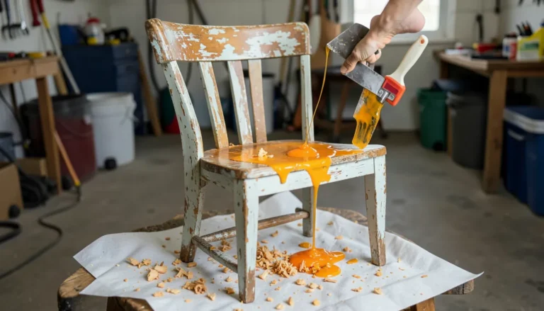 Wood furniture with peeling paint being stripped using citrus-based stripping gel