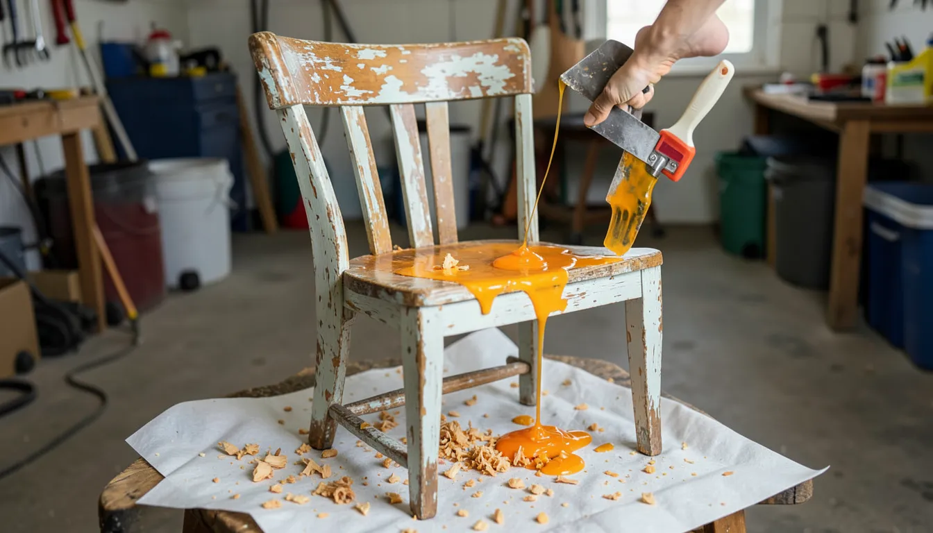 Wood furniture with peeling paint being stripped using citrus-based stripping gel