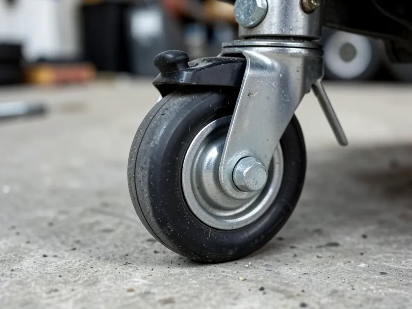 Close-up of a locking swivel caster wheel with foot-pedal brake used on table saw mobile bases
