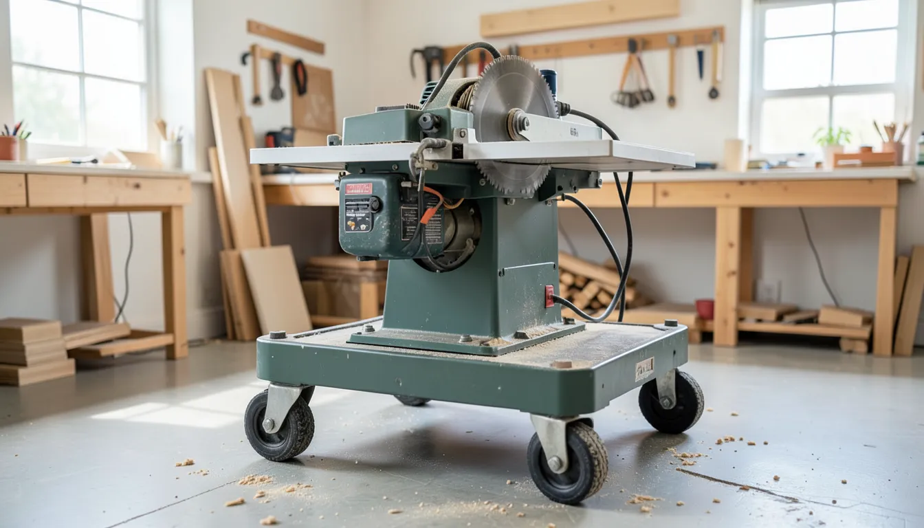 Table saw mounted on a heavy-duty mobile base with locking caster wheels in a home workshop