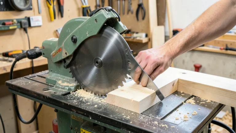 Table saw with blade tilted to a bevel angle cutting through a wood board