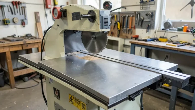 A cabinet table saw with the blade rising through the table and a rip fence installed