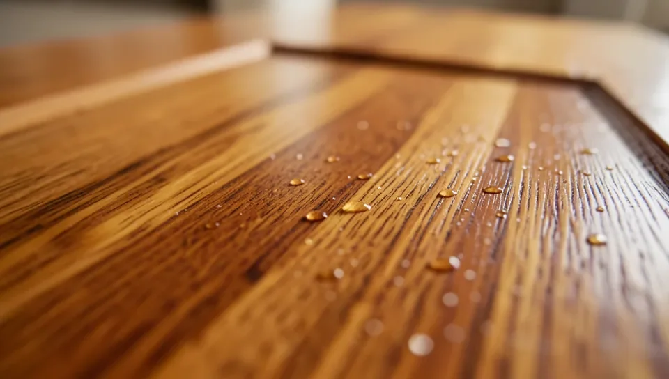 Close-up of an oiled teak wood cabinet door with water droplets beading on the surface