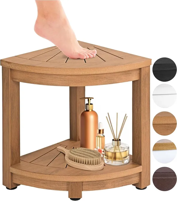 Teak-finish corner shower stool with a lower storage shelf