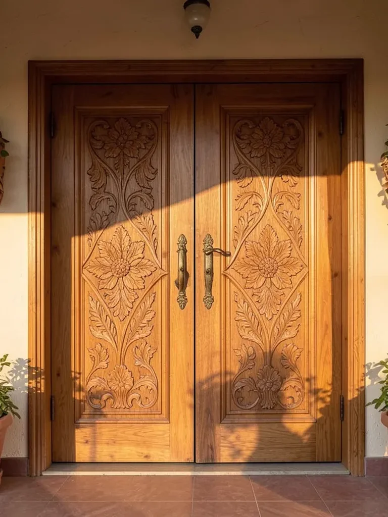 Grand double teak wood entrance door with intricate hand-carved floral pattern