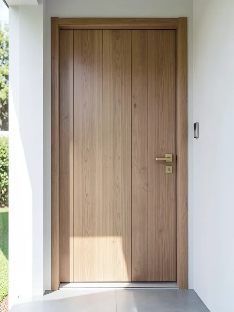 Modern flush minimalist teak wood slab door with vertical grain and brass handle