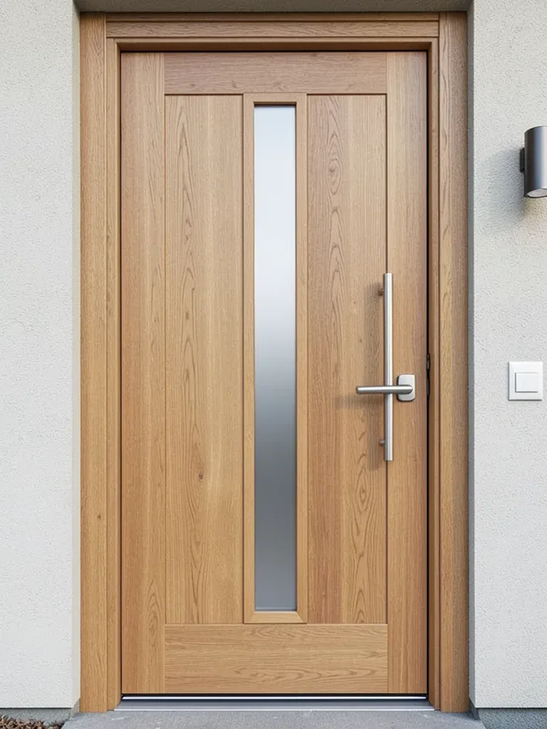 Teak wood door with narrow vertical frosted glass panel insert