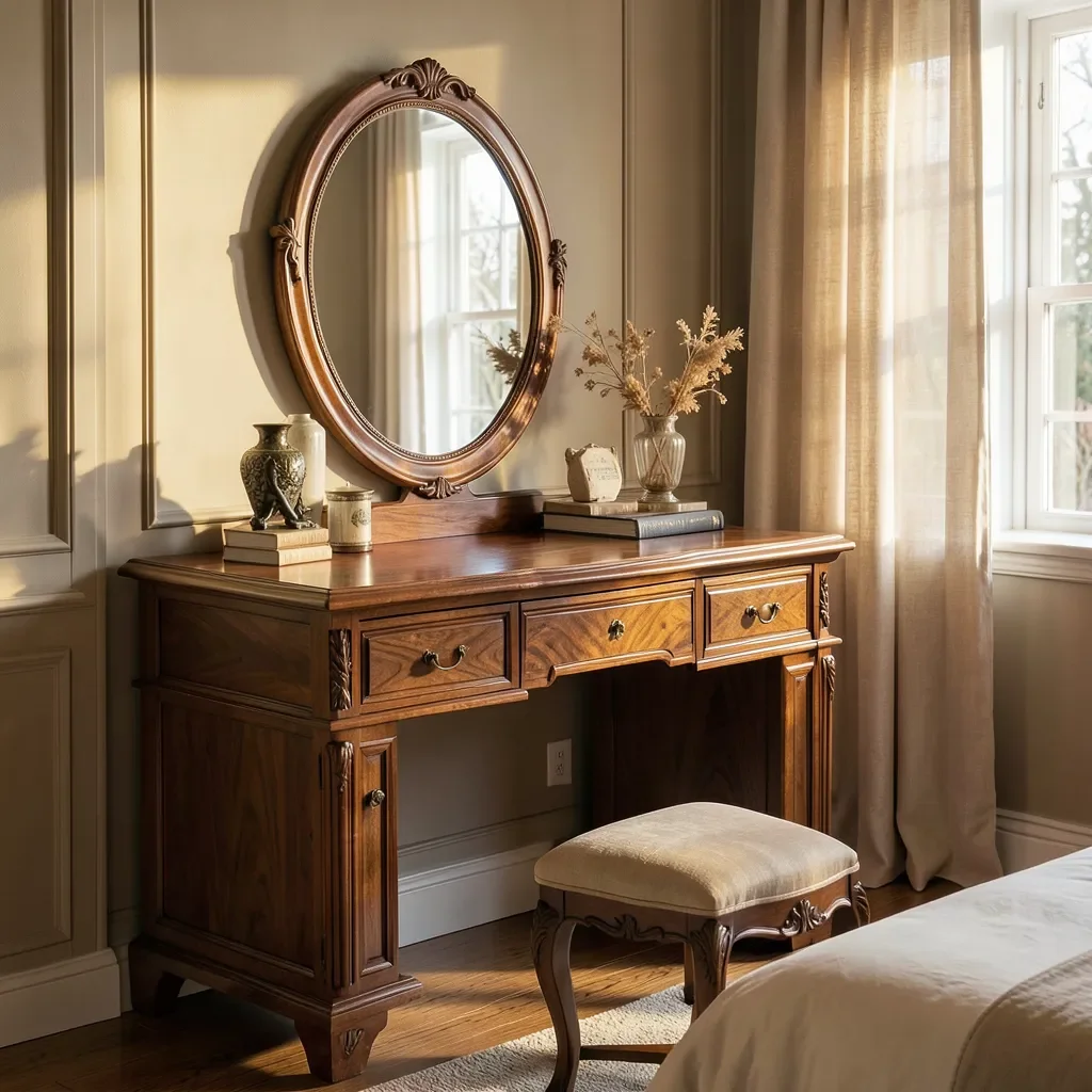 Elegant teak wood dressing table with an oval mirror in a bedroom