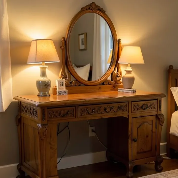 Teak wood dressing table with hand-carved details and mirror Teak wood dressing table with hand-carved details and mirror