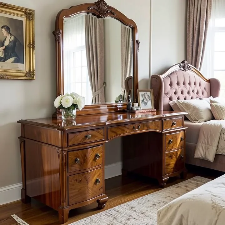 Teak wood dressing table with a high gloss finish Teak wood dressing table with a high gloss finish