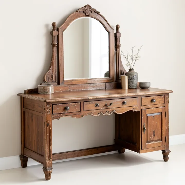 Vintage teak wood dressing table with antique finish and mirror Vintage teak wood dressing table with antique finish and mirror