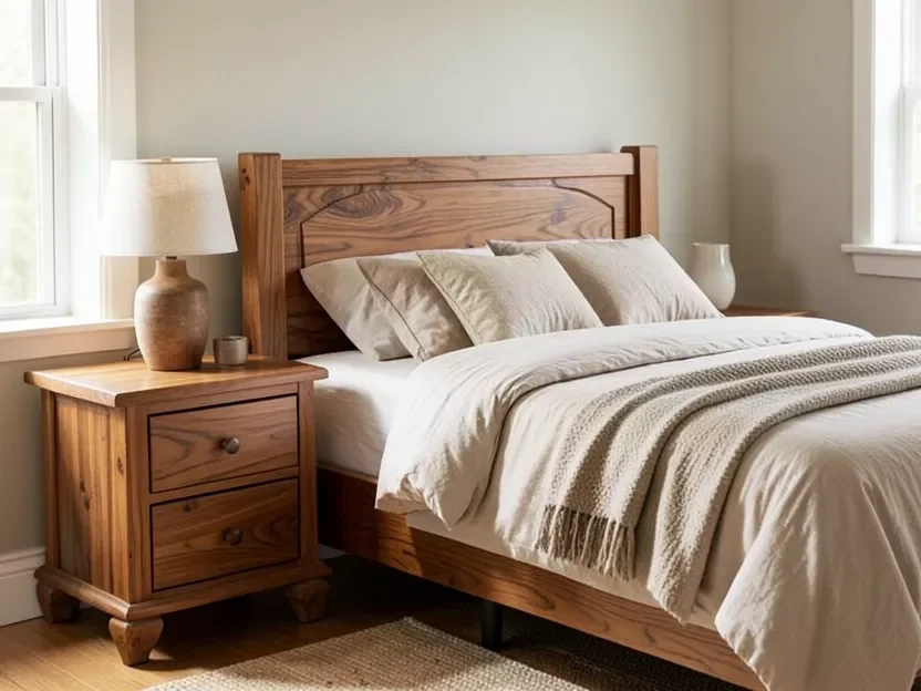 Teak wood nightstand and dresser in a cozy bedroom