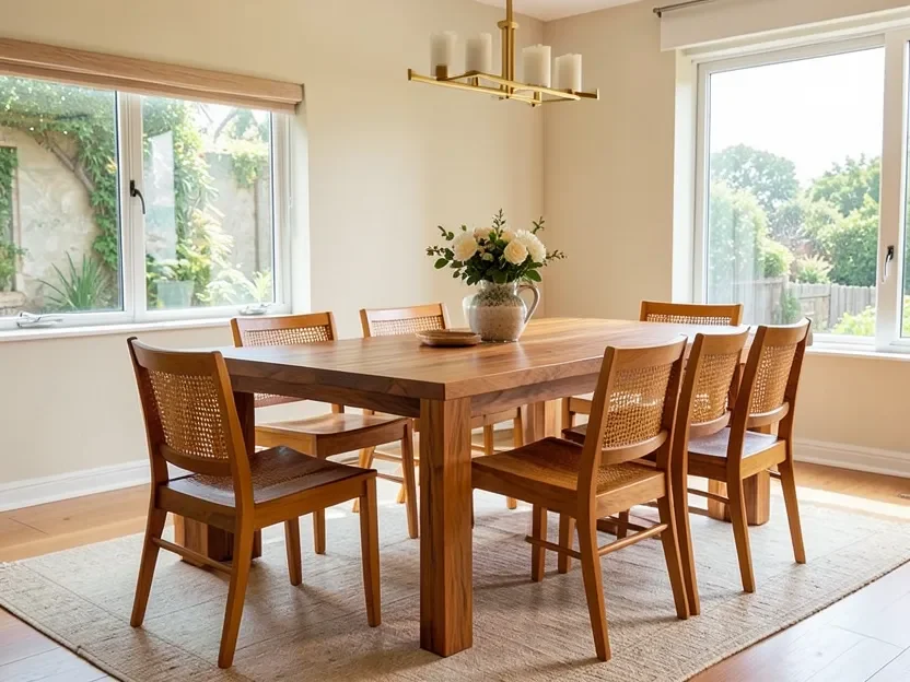 Solid teak wood dining table and chairs in a bright dining room