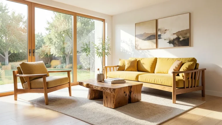 Modern living room styled with warm golden teak wood furniture