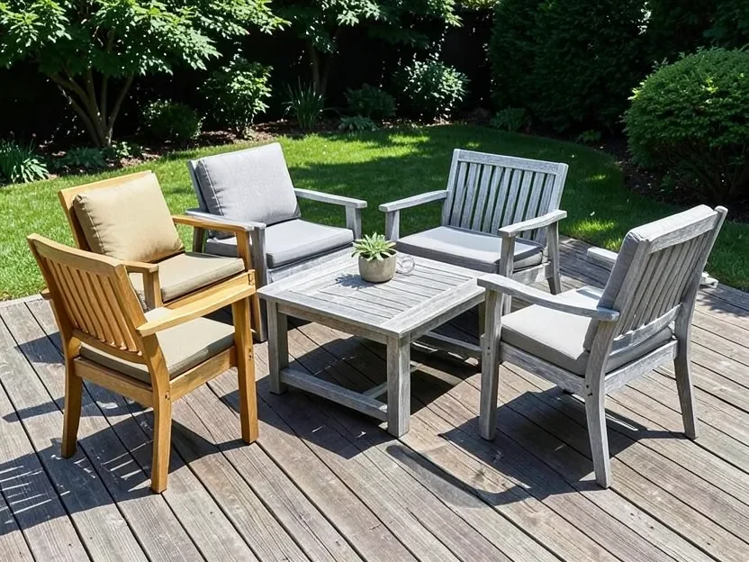 Outdoor teak patio furniture showing both golden and weathered silver-gray finish