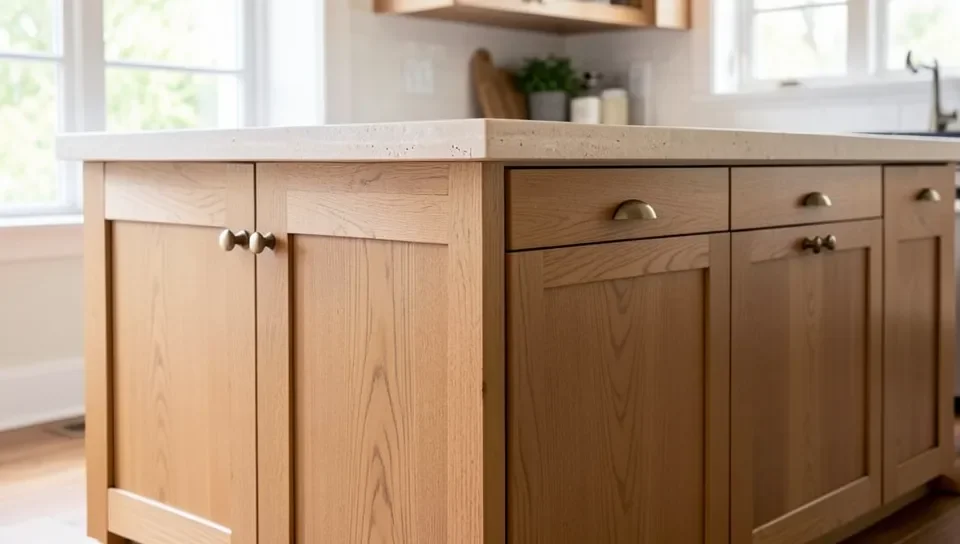 Teak wood kitchen island with a matte natural oil finish and brushed brass cabinet pulls
