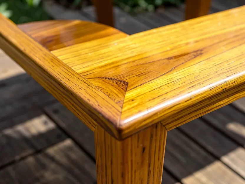 Close-up of golden teak wood outdoor furniture showing natural oil sheen and grain