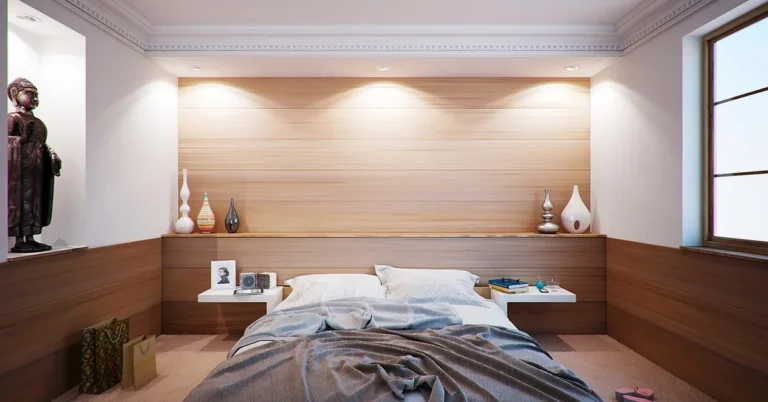 Modern bedroom with a low-profile teak-toned wood platform bed
