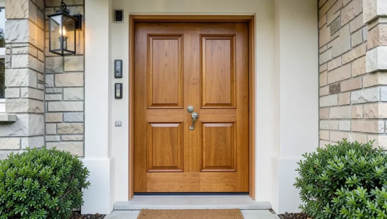 An elegant teak wood front door