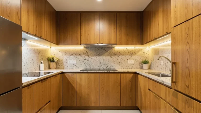 Kitchen with teak wood cabinets showing natural wood grain and brass hardware