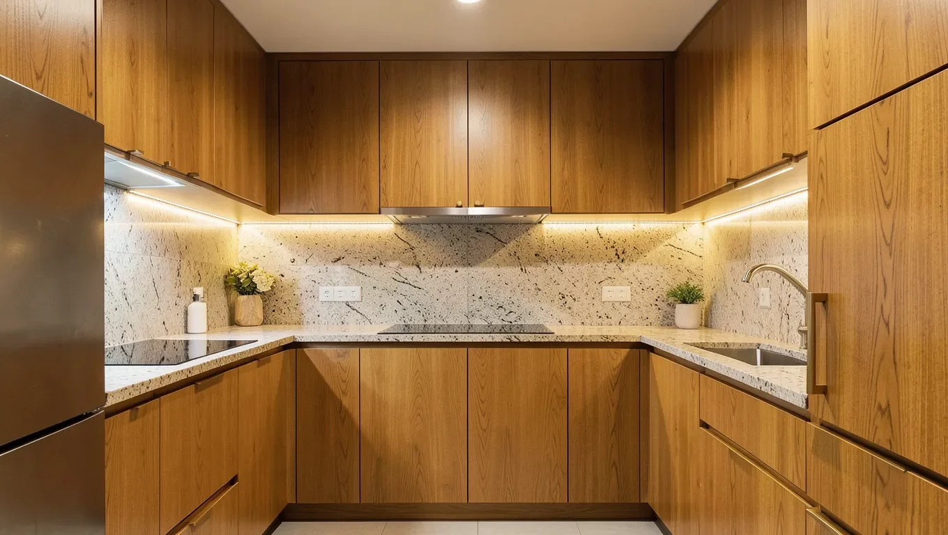 Kitchen with teak wood cabinets showing natural wood grain and brass hardware
