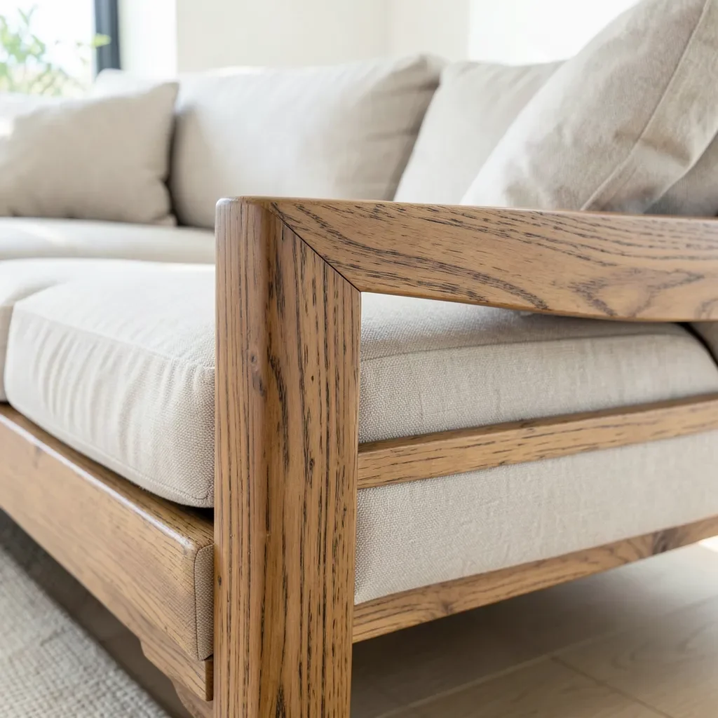 Teak wood sofa frame showing natural wood grain