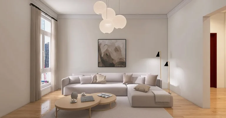 Modern L-shaped sectional sofa with wood-toned accents in a bright living room