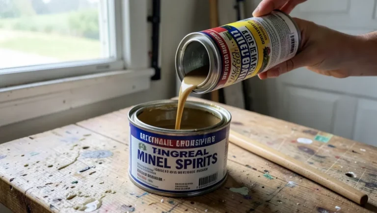 Pouring mineral spirits into a can of oil-based paint to thin it