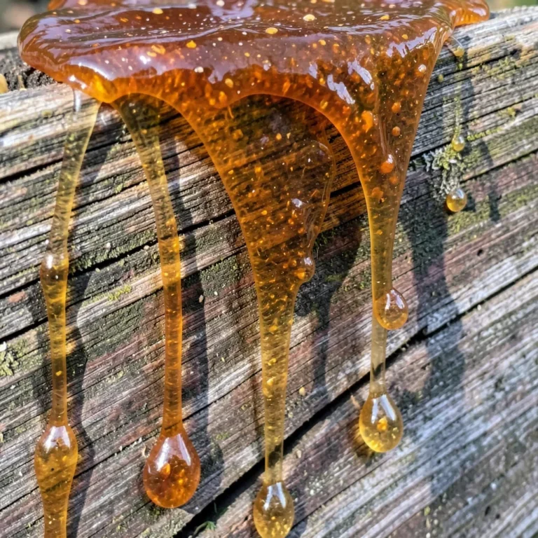 Sticky tree sap dripping down a wood plank surface