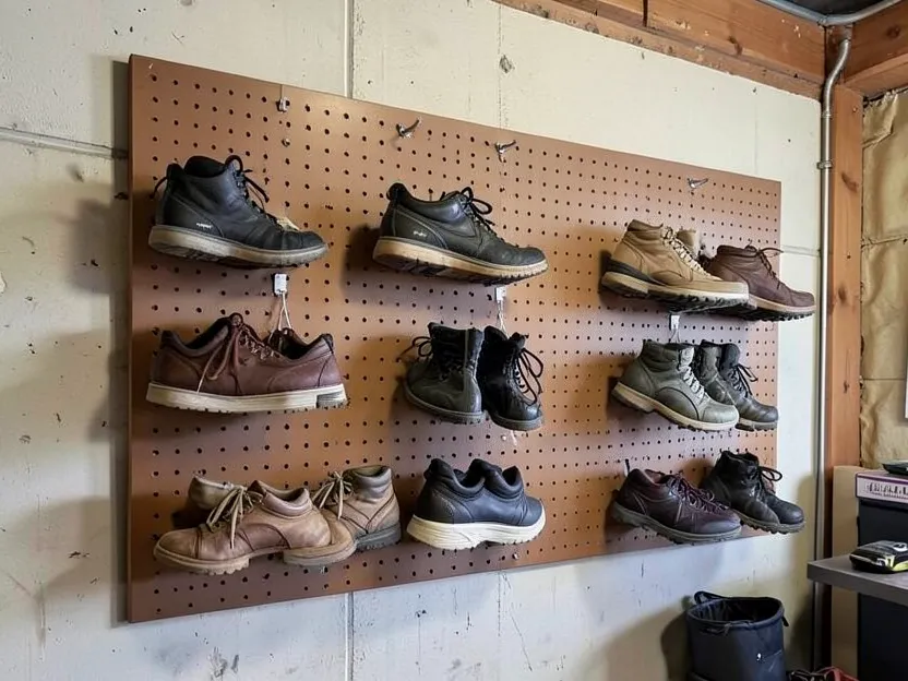 Wall-mounted pegboard with shoes hanging organized in a garage