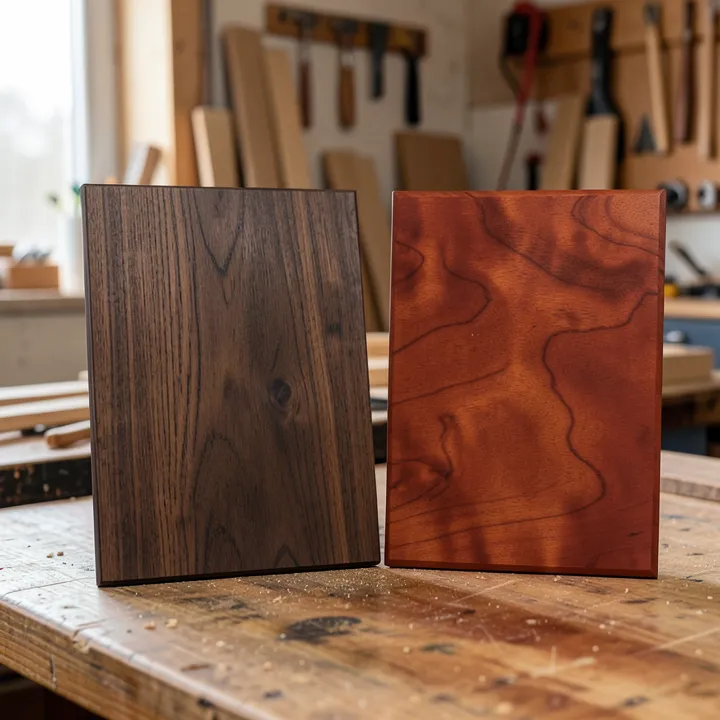 Dark walnut wood board next to a reddish cherry wood board