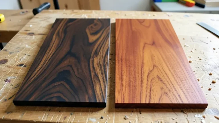 Dark walnut wood board next to a reddish cherry wood board, showing the color difference
