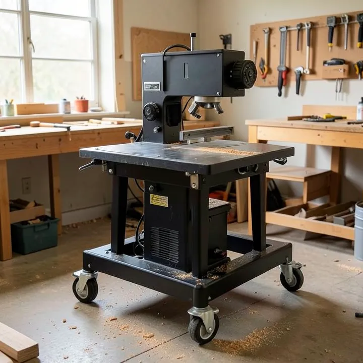 Table saw mounted on a heavy-duty mobile base with locking caster wheels in a home workshop