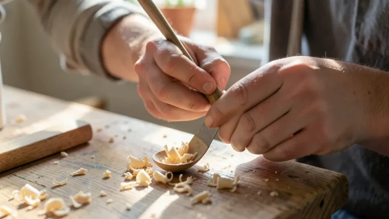 Whittling a wooden spoon with a sloyd knife