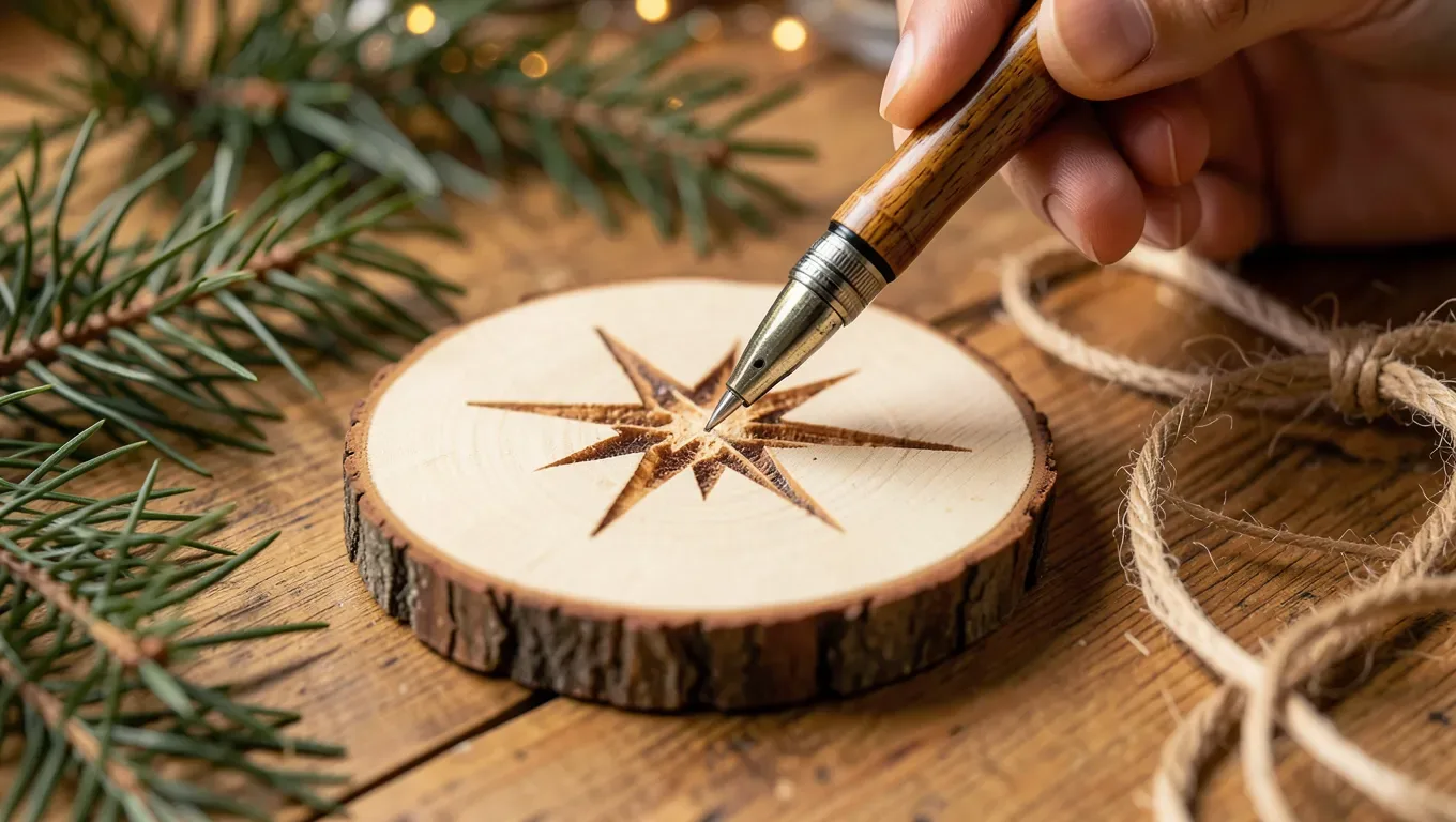 Wood burning pen creating a star pattern on a basswood Christmas ornament slice