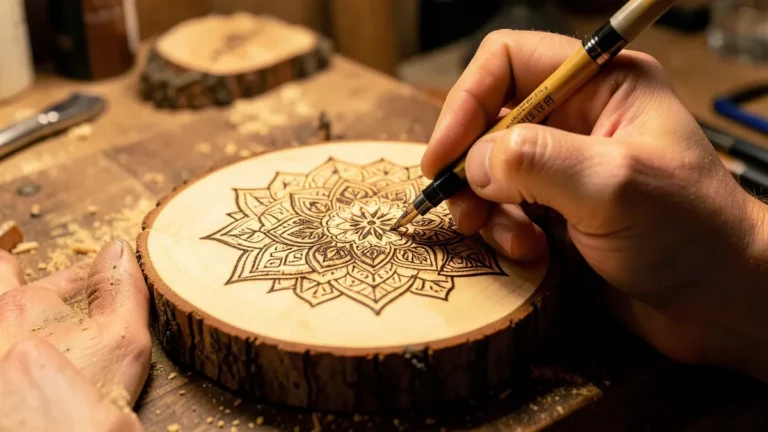 Hand using a wood burning pen to burn a mandala design into a basswood slice