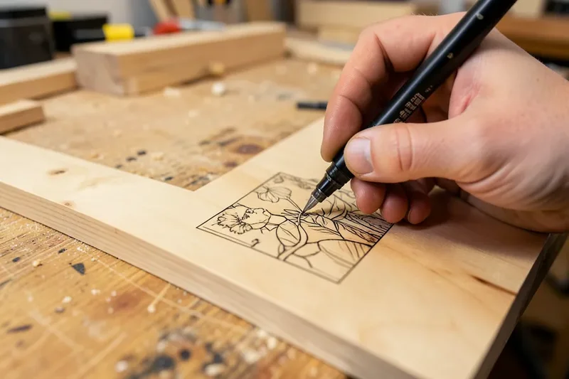 Using a wood burning pen to add fine detail line art to a basswood plank