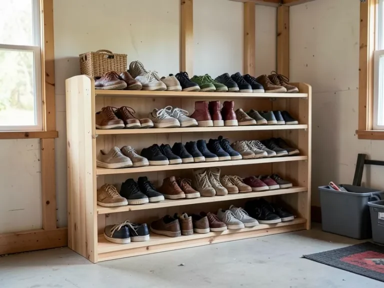 Wooden DIY shoe storage rack in a garage with organized shoes
