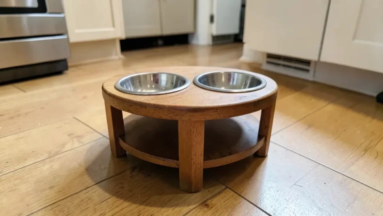 A wooden elevated dog bowl stand with two metal bowls