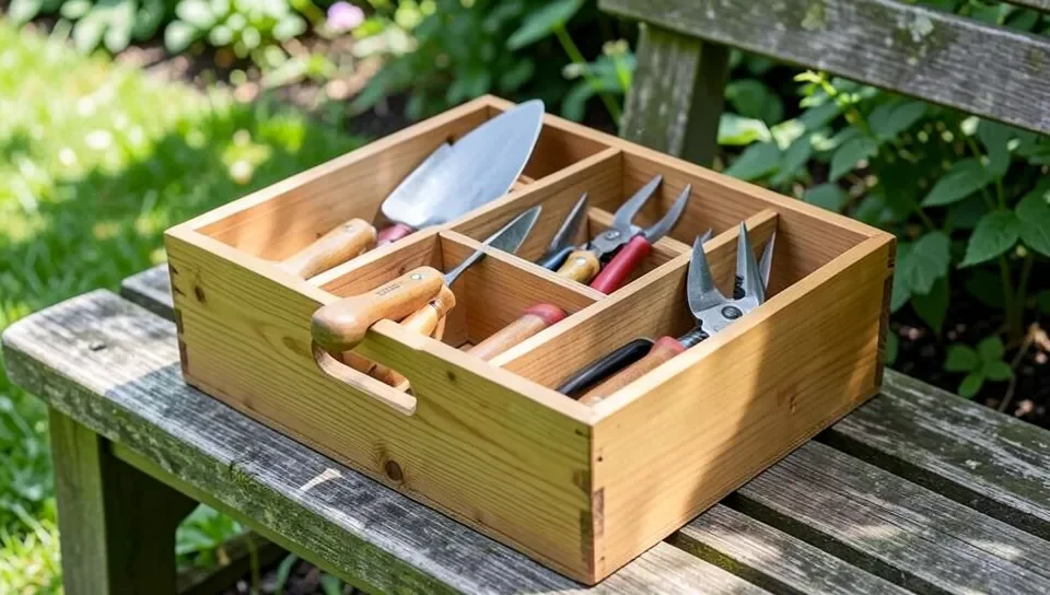 A wooden garden tool caddy box with dividers holding hand tools
