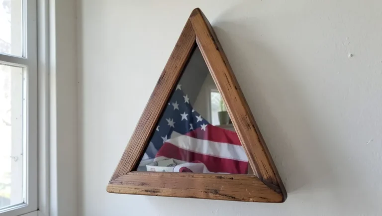 Handmade wooden triangular flag display case with folded flag
