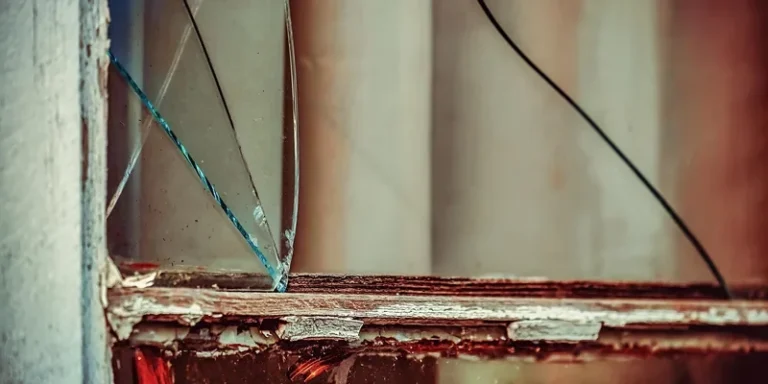 Weathered wooden window frame with a cracked glass pane before replacement
