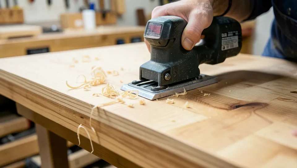 Flattening the surface of a laminated workbench top with a power tool, wood shavings curling off