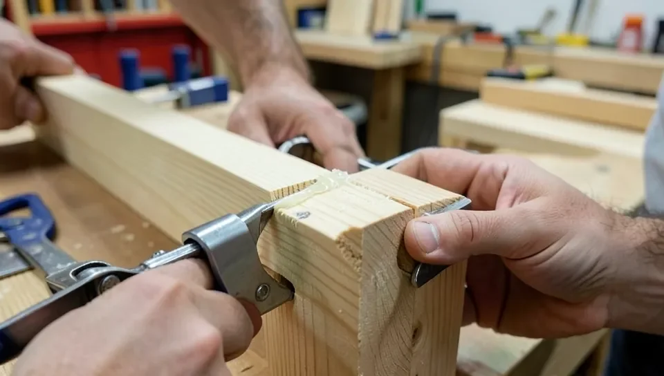 Clamping 2x4 boards edge to edge with pipe clamps during a workbench top glue-up