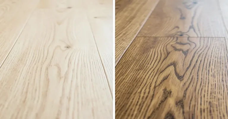 Pine flooring plank beside oak flooring plank showing grain and color difference
