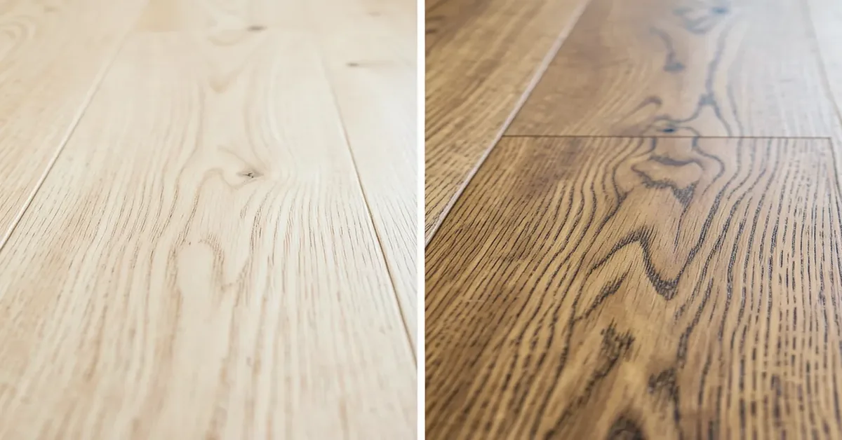 Pine flooring plank beside oak flooring plank showing grain and color difference
